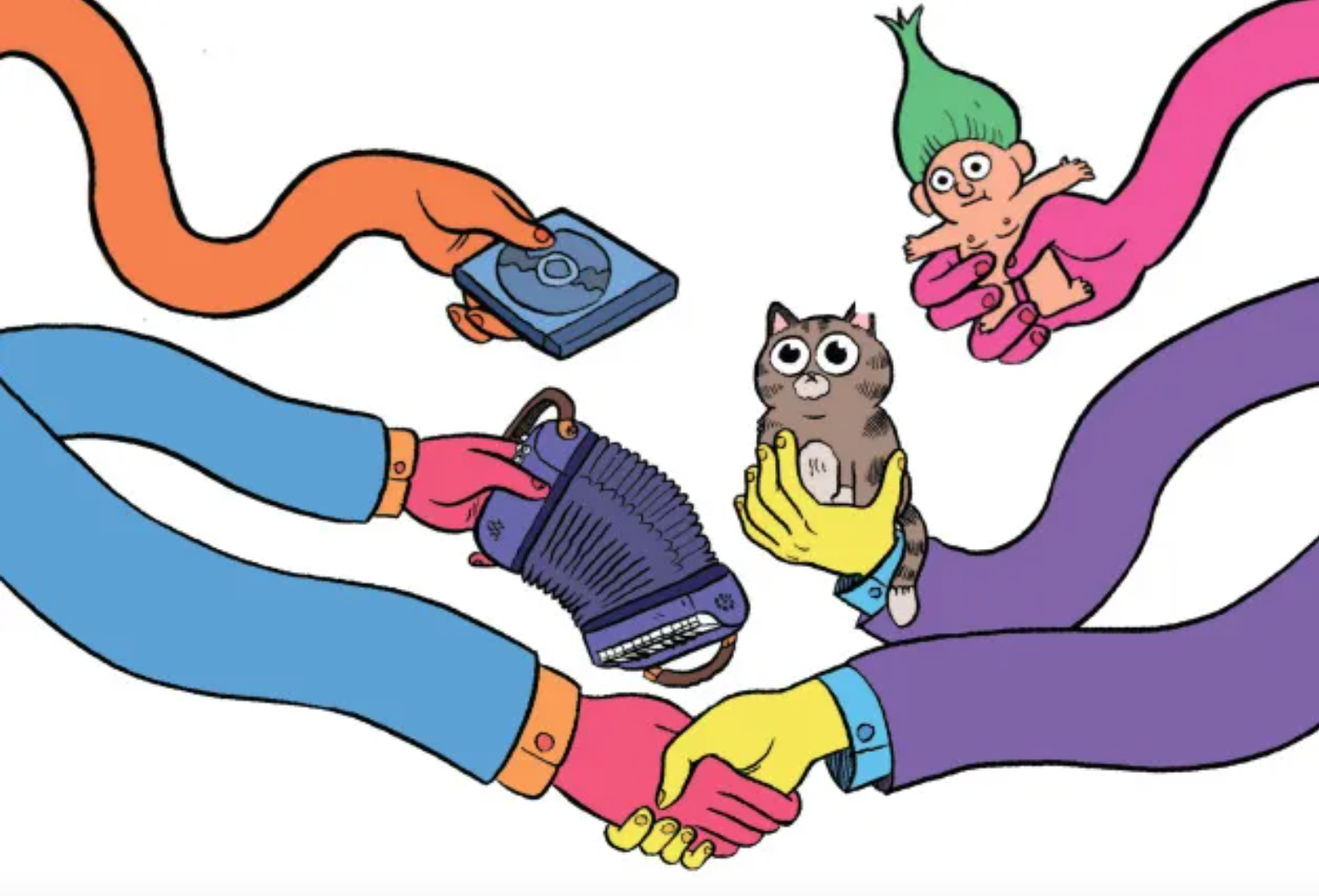 Cartoon illustration of children's hands exchanging toys by bartering