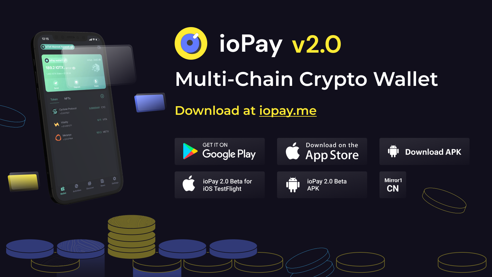 ioPay v2.0 with logos of GooglePlay, the App Store and "Download APK"
