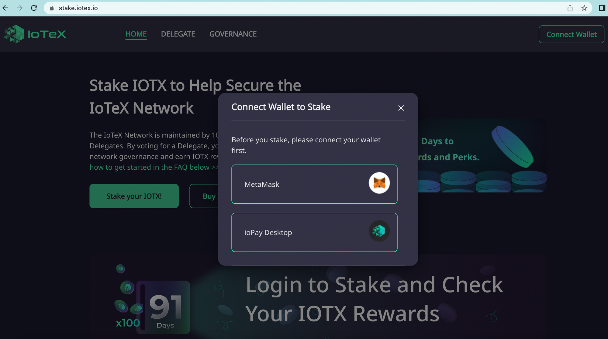 Screenshot of stake.iotex.io